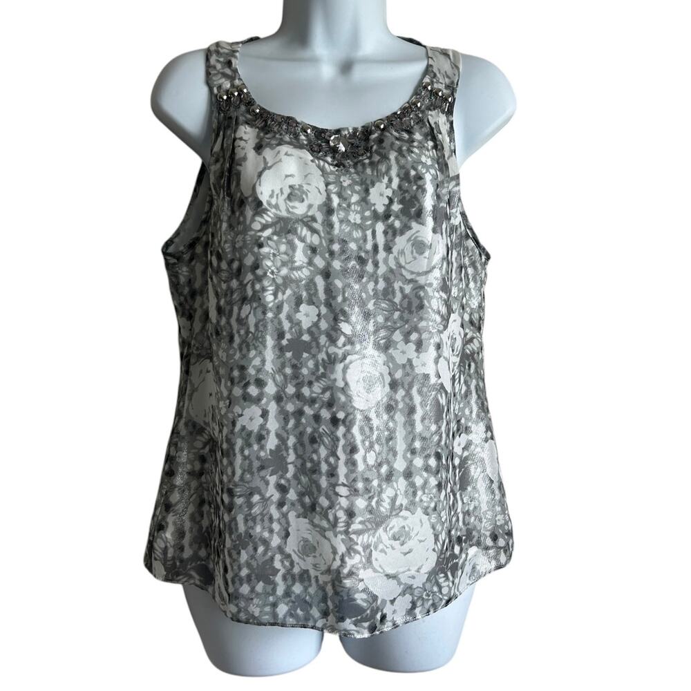 ECI Women Top 4 Metallic Silver‎ Floral Rhinestone Neck Babydoll Disco Glam Boho